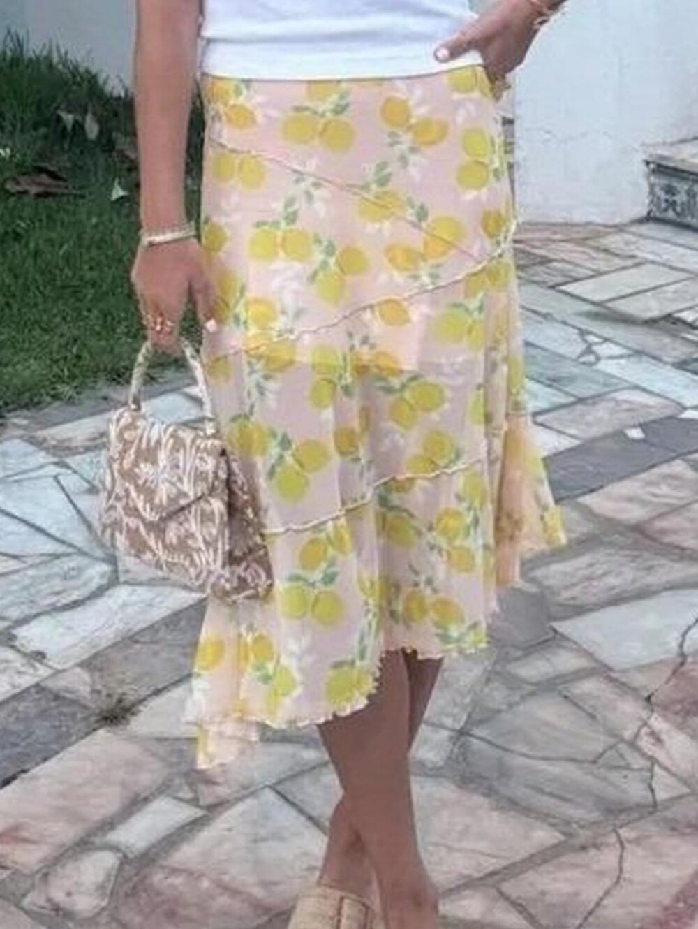 New See You Monday Pink Lemon-Print Asymmetrical Y2K Midi Skirt Size Medium